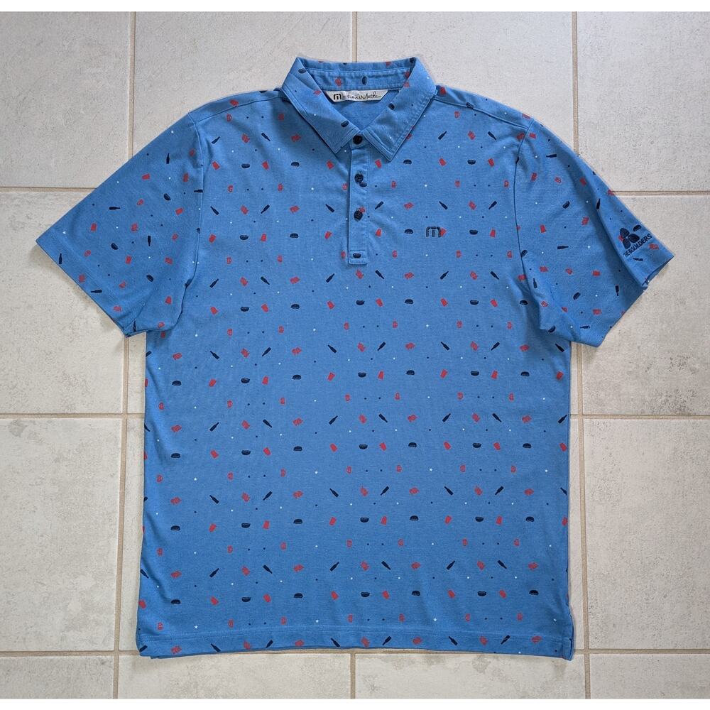 Travis Mathew Men's Large Golf Polo Shirt USA Print Blue Stretch The Boulders - Picture 2 of 7